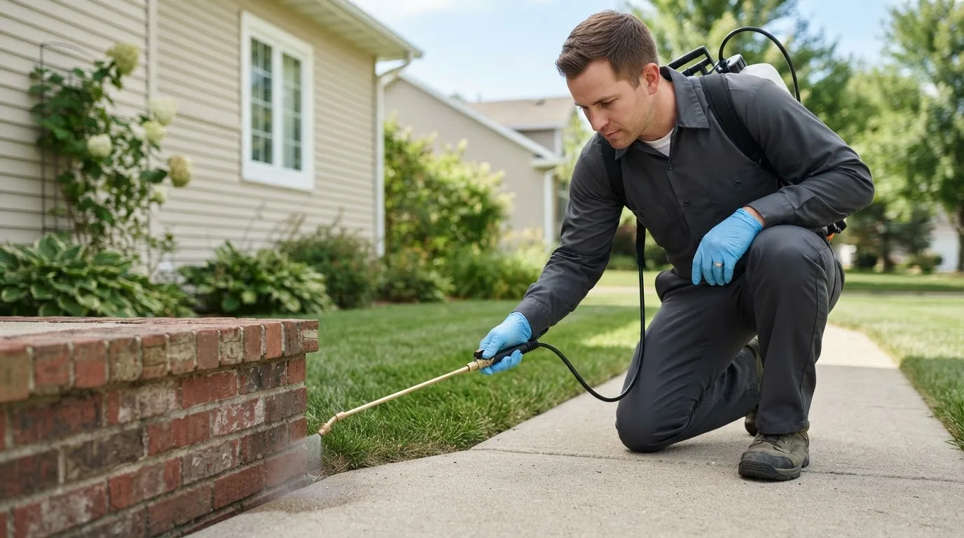 Pest control technician treating a home near Lueders, TX