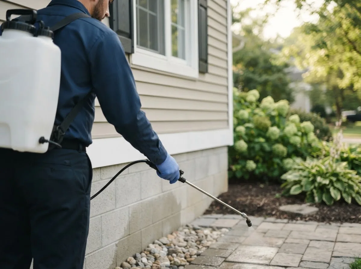 Pest control technician inspecting a home in Lueders, TX